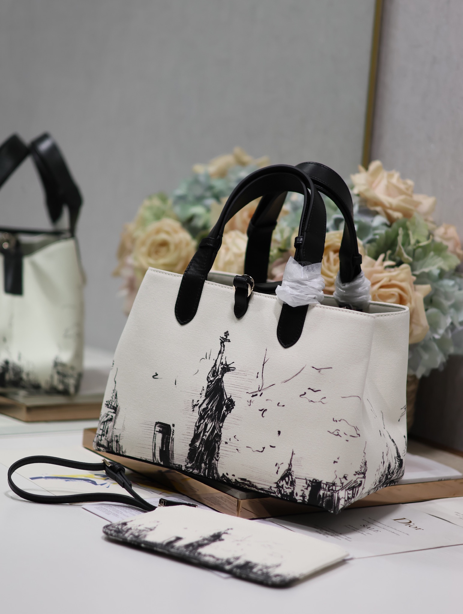 Medium Dior Toujours Bag Latte and Black Canvas with New York Print